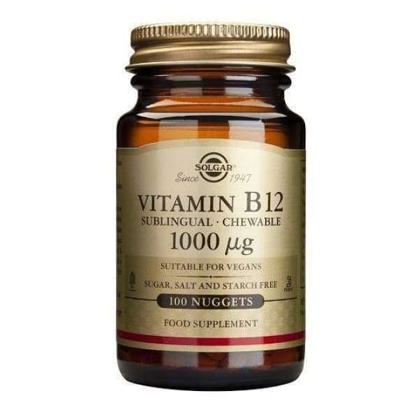 Solgar B12-vitamiini 1000 mikrog -pullo, meripihkanvärinen lasipullo kultaisella mattakorkilla; 100 pureskeltavaa tablettia, sokeriton ja suolaton
