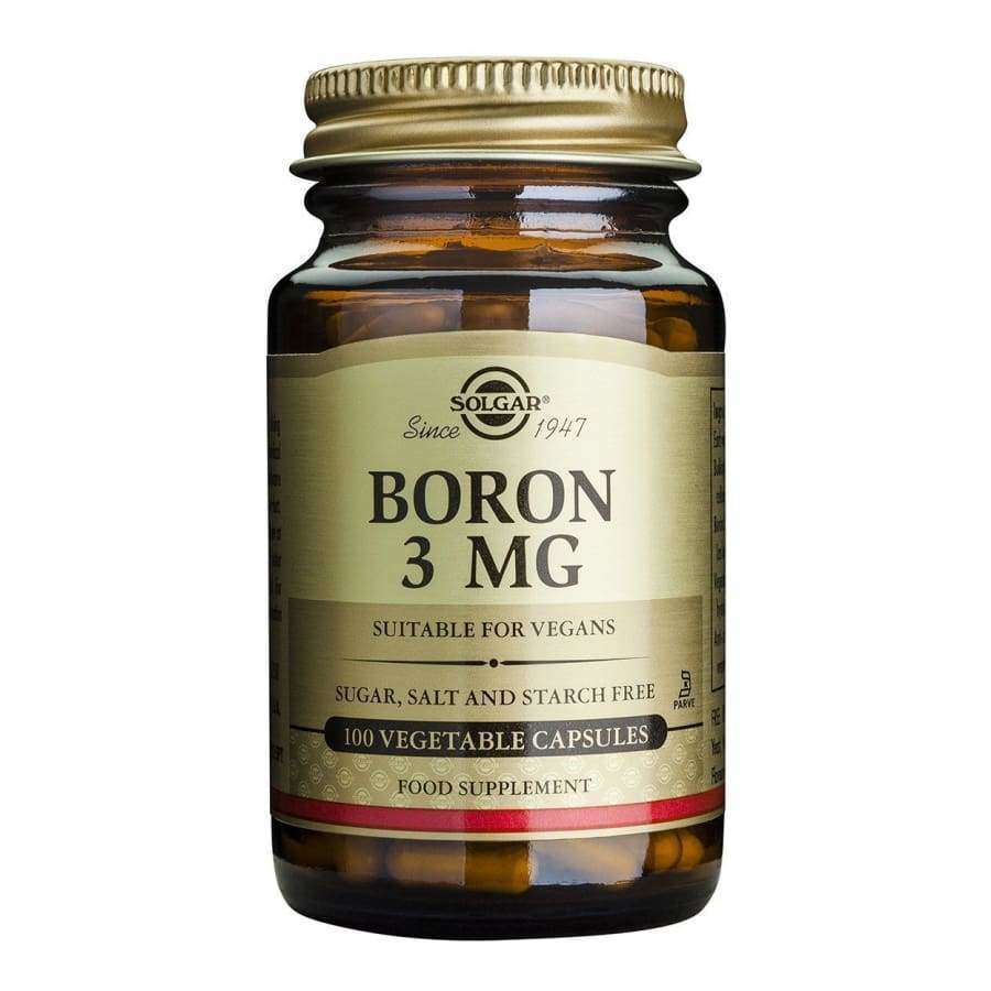 Solgar Boori -pullo, ruskea muovi, sileä mattapinta, tummankultainen kierrekorkki; musta-kultainen groteski- ja antiikvateksti, 3 mg, 100 kasviskapselia, gluteeniton, sokeriton, suolaton, tärkkelyksetön