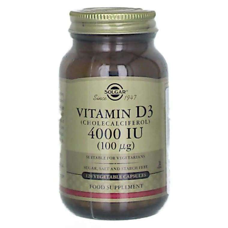 Solgar D3-vitamiini 100 mikrog kasvissyöjille -pullo, ruskea läpikuultava muovipullo kultaisella mattakorkilla; 120 kasviskapselia