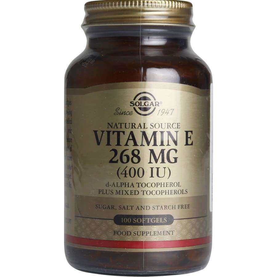 Solgar E-vitamiini 268 mg -pullo, ruskea lasipullo kultaisella kiiltävällä korkilla; 100 pehmytkapselia, sokeriton, suolaton ja tärkkelyksetön