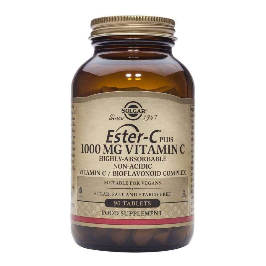 Solgar Ester-C Plus 1000 mg -pullo, ruskea lasipullo kultaisella mattakorkilla; 90 tablettia, hyvin imeytyvä, ei-hapan, vegaaninen