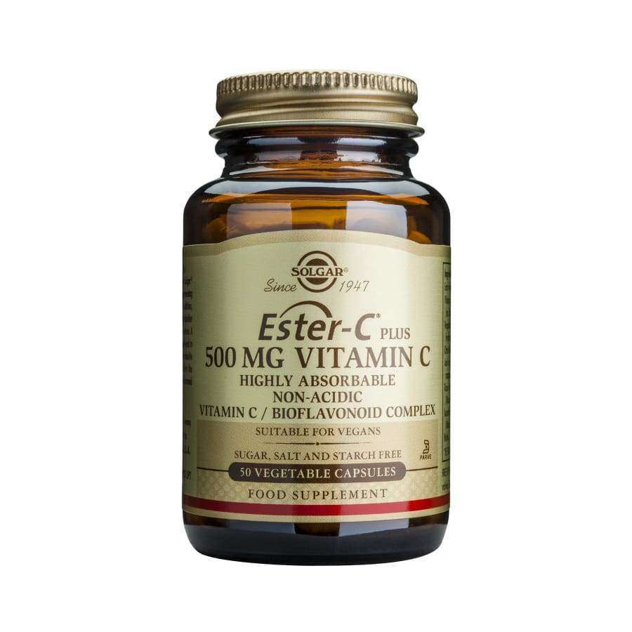 Solgar Ester-C Plus 500 mg -pullo, ruskea pyöreä pullo kultaisella korkilla; 50 kasviskapselia, hyvin imeytyvä, ei-hapan, vegaaninen