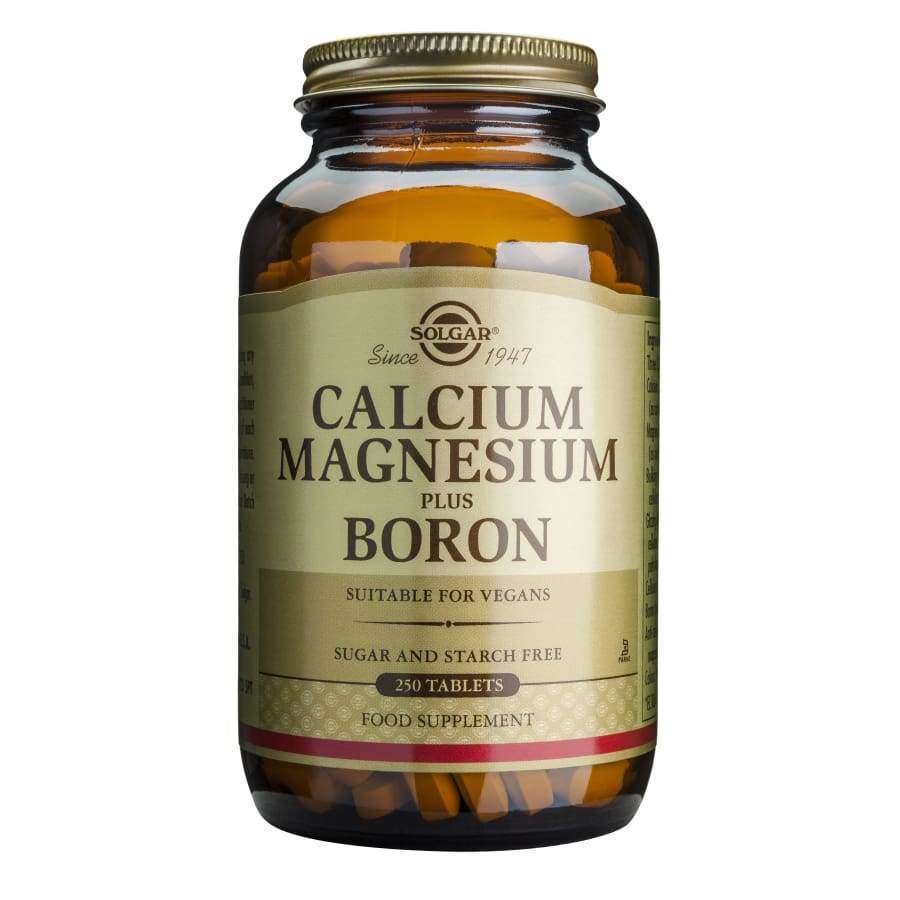 Solgar Kalsium Magnesium + Boori -pullo, ruskea kiiltävä lasipullo kultaisella kierrekorkilla; 250 tablettia, vegaaninen