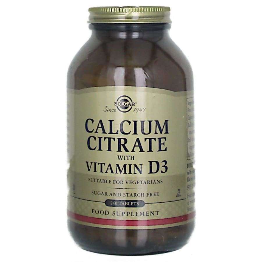 Solgar Kalsiumsitraatti + D3-vitamiini -pullo, ruskea lasipullo kultaisella korkilla; kermanvärinen etiketti, 240 tablettia, kasvissyöjille sopiva, sokeriton