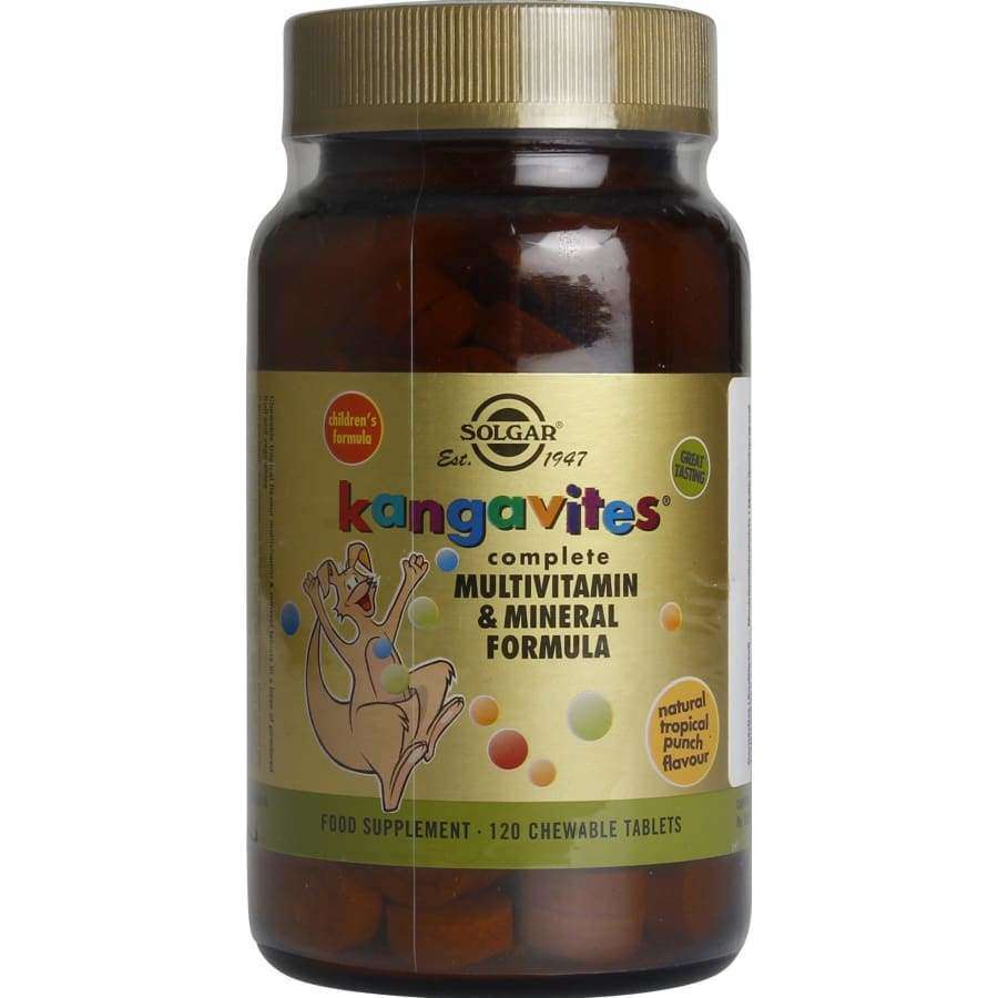 Solgar Kangavites Tropical Punch -pullo, 120 pureskeltavaa tablettia; ruskea mattapintainen sylinterinmuotoinen pullo kultaisella kierrekorkilla, monivärinen teksti kultaisessa etiketissä