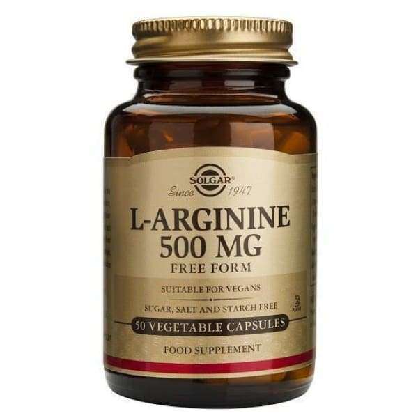 Solgar L-Arginiini -pullo, ruskea lasi, matta kultainen metallikierrekorkki; musta-kultainen antiikvateksti, 500 mg, free form, vegaaninen, sokeriton, suolaton ja tärkkelyksetön, 50 kasviskapselia
