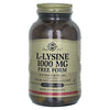 Solgar L-Lysiini 1000 mg -pullo, ruskea lasipullo kultaisella korkilla; 100 tablettia, vegaaninen, sokeriton ja suolaton