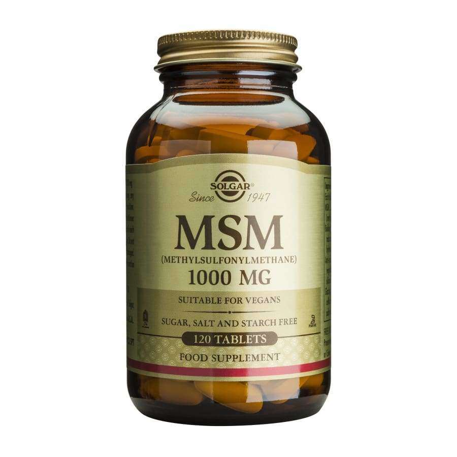 Solgar MSM 1000 mg -pullo, 120 tablettia, sopii vegaaneille, ei sokeria, suolaa tai tärkkelystä; ruskea mattapintainen lasipullo, kulta-beige etiketti lihavoidulla versaalitekstillä