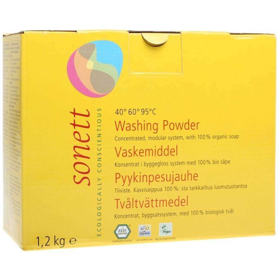 Sonett Pyykinpesujauhe 1,2 kg, keltainen suorakaiteen muotoinen pahvirasia; teksti englanniksi, tanskaksi, suomeksi ja ruotsiksi sekä ympäristömerkkejä