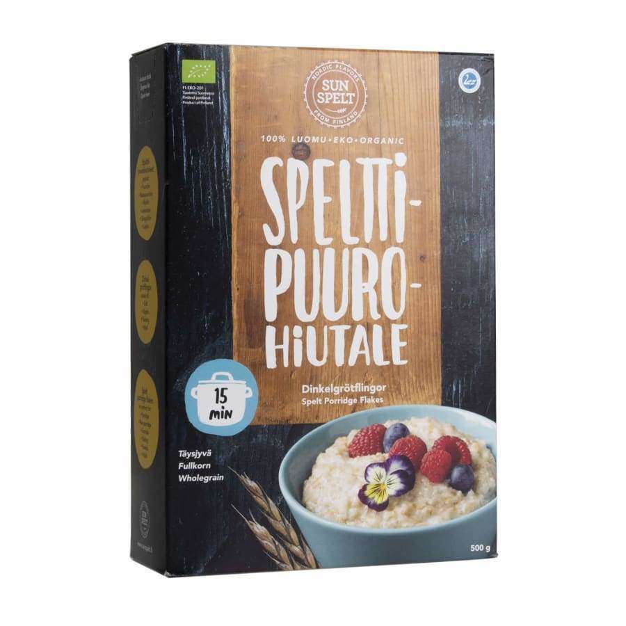 SunSpelt Luomu Puurohiutale -pakkaus, mattapintainen, kulhollinen puuroa punaisin ja tummin marjoin sekä violetein syötävin kukin kuvituksessa; sininen-ruskea-valkoinen väritys, selkeä groteskiteksti