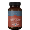 Terra Nova Vitamin B6 50 mg Pyridoxal 5-Phosphate Complex, 50 kasviskapselia; etiketissä mainitaan tuotteen olevan 100 % vegaaninen, lisäaineeton, sekä Magnifood-ravintolisä optimaalisen tuen saavuttamiseksi; ruskea, mattapintainen lasipullo, musta muovinen kierrekorkki; etiketissä valkoista groteskitekstiä turkoosilla pohjalla, joitakin punaisia korostuksia ja kuvakkeita; tuote keskitetty vaalealle taustalle studiokuvassa.
