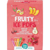TerraSana Luomu Pakastettava Mehujääpuikko; vaaleanpunainen laatikko TerraSana Fruity Ice Pops -mehujääpuikkoja, kuvituksena sarjakuvamaisia hedelmiä ja jääpuikkoja, teksti korostaa vegaanisia luomuainesosia ja viittä makuvaihtoehtoa; pakkaus suorakulmainen mattapinnalla monivärisin grafiikoin; lihavoitu groteskikirjasin valkoisena ja keltaisena; ei ihmisiä tai käsiä kuvassa, valkoinen tausta, kuva näyttää vain tuotteen edestä.