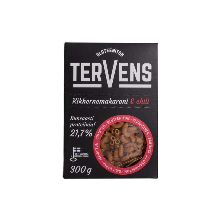 Tervens Kikhernemakaroni & Chili -pakkaus; musta, suorakulmainen ja mattapintainen rasia; etupuolella pyöreä läpinäkyvä ikkuna, jossa näkyy kierteistä pastaa; valkoista modernia tekstausvapaata tekstiä vegaanisuudesta ja korkeasta proteiinipitoisuudesta sekä tuotenimestä ja ainesosista; kuvattu valkoista taustaa vasten, ei ihmisiä tai muita esineitä.