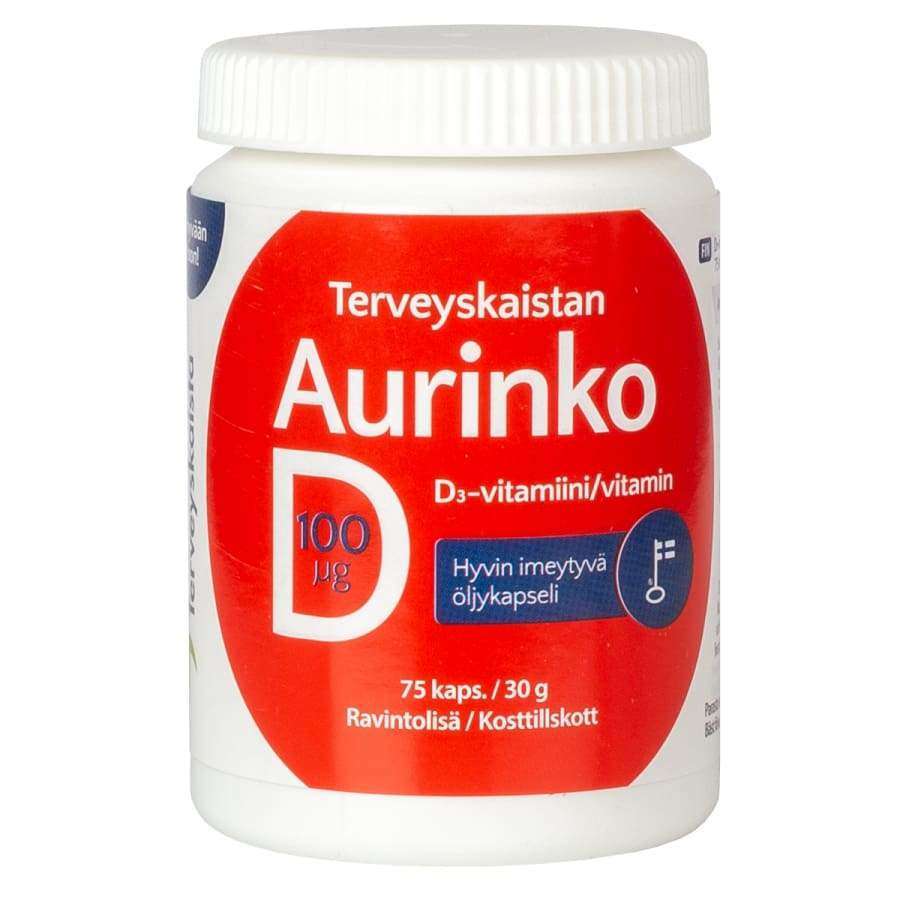 Terveyskaistan Aurinko D-vitamiini -pullo, punainen ja valkoinen designi, sisältää 75 kapselia D3-vitamiinia, 100 µg kutakin; teksti suomeksi ja ruotsiksi; pullo sylinterimäinen mattapinnalla ja punaisella korkilla; etiketissä numeroita sekä lohko- ja lihavoitua fonttia; neutraali tausta; ei ihmisiä tai käsiä näkyvissä.