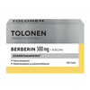 Tolonen Berberin 500 mg + Kromi -tablettipakkaus suomenkielisin merkinnöin, sisältää 120 tablettia normaalin verensokeritasapainon ja aineenvaihdunnan tukemiseen; pakkauksen värit valkoinen, harmaa ja keltainen; suorakulmainen pahvilaatikko mattapinnalla; mustaa tekstausvapaata typografiaa; selkeä tuotenimi ja annostus etupaneelissa; neutraali tausta, ei ihmisiä tai käsiä näkyvissä.