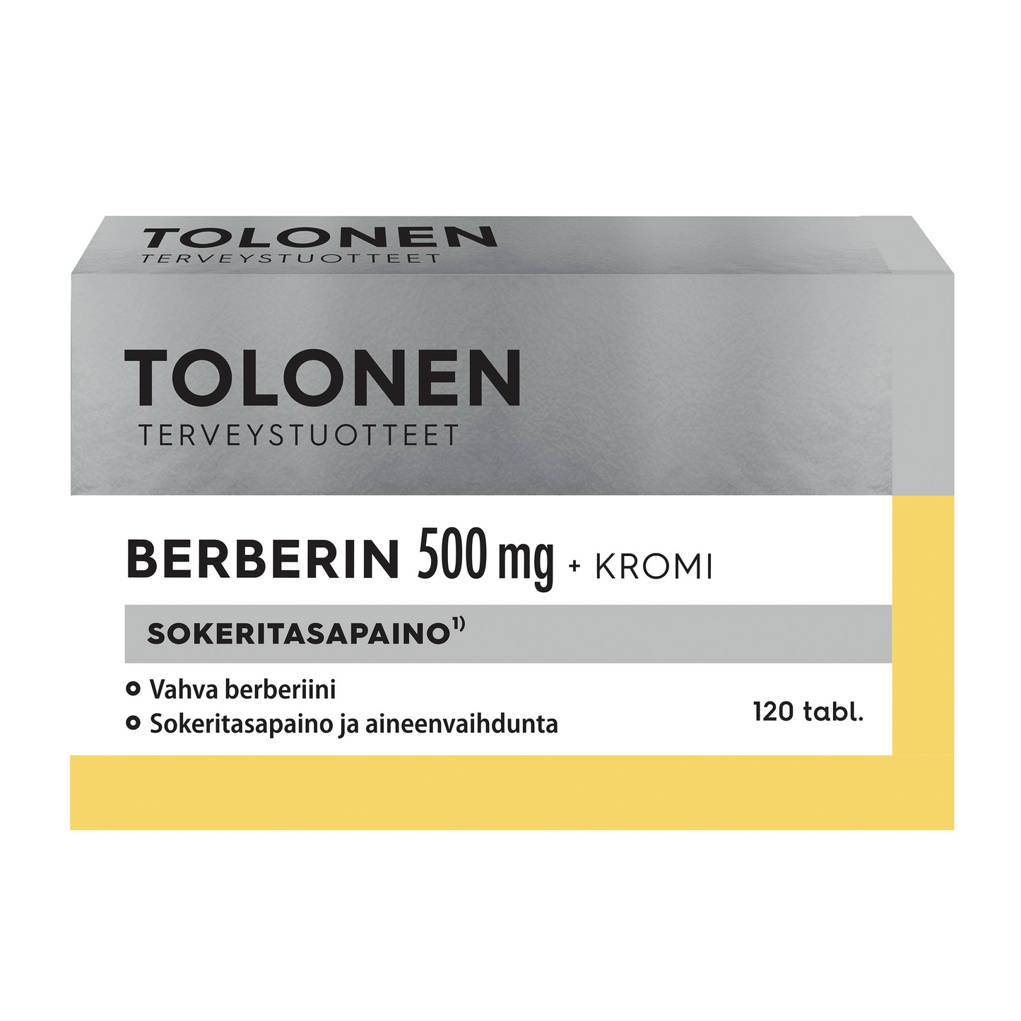 Tolonen Berberin 500 mg + Kromi -tablettipakkaus suomenkielisin merkinnöin, sisältää 120 tablettia normaalin verensokeritasapainon ja aineenvaihdunnan tukemiseen; pakkauksen värit valkoinen, harmaa ja keltainen; suorakulmainen pahvilaatikko mattapinnalla; mustaa tekstausvapaata typografiaa; selkeä tuotenimi ja annostus etupaneelissa; neutraali tausta, ei ihmisiä tai käsiä näkyvissä.