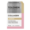 Tolonen Collagen -pakkaus, suomenkielistä tekstiä, tuotetietoja mustalla ja kultaisella valkoisella, harmaalla, kultaisella ja vaaleanpunaisella pohjalla; laatikko suorakulmainen mattapinnalla, tekstausvapaata typografiaa eri painoin; etiketissä ilmoitettu 30 tablettia ihon, hiusten ja kynsien tueksi; ei ihmisiä tai toimintaa näkyvissä.