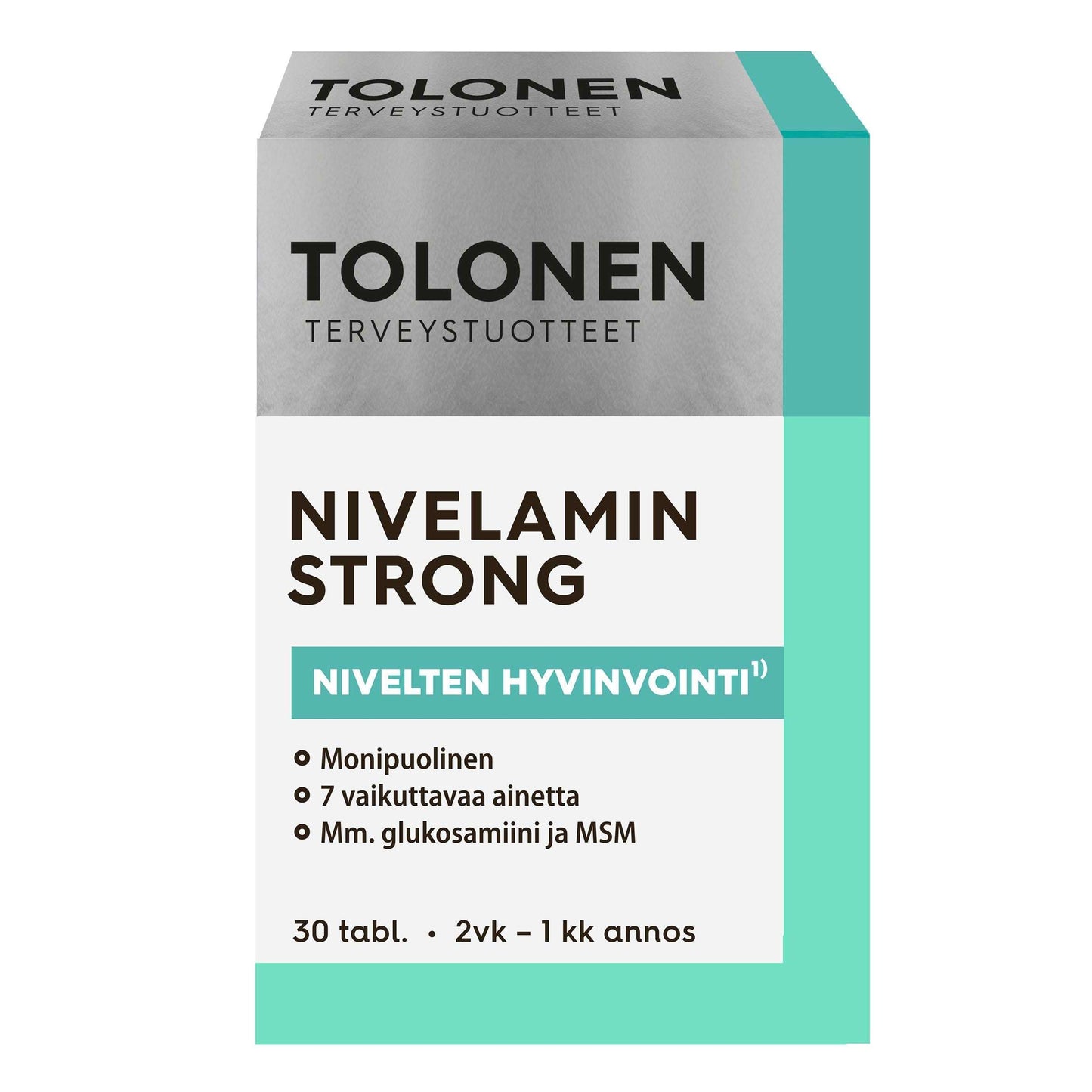 Tolonen Nivelamin Strong -nivelravintolisäpakkaus; turkoosi ja harmaa väritys, suomenkielistä tekstiä tuotteen hyödyistä, ainesosista ja vahvasta nivelten tuesta; suorakulmainen pahvipakkaus mattapinnalla; lihavoitua valkoista ja mustaa tekstausvapaata typografiaa; etiketissä tuotenimi ja kuvaava teksti suomeksi; kuva suora edestäpäin otettu, tausta valkoinen; ei ihmisiä tai muita esineitä näkyvissä.