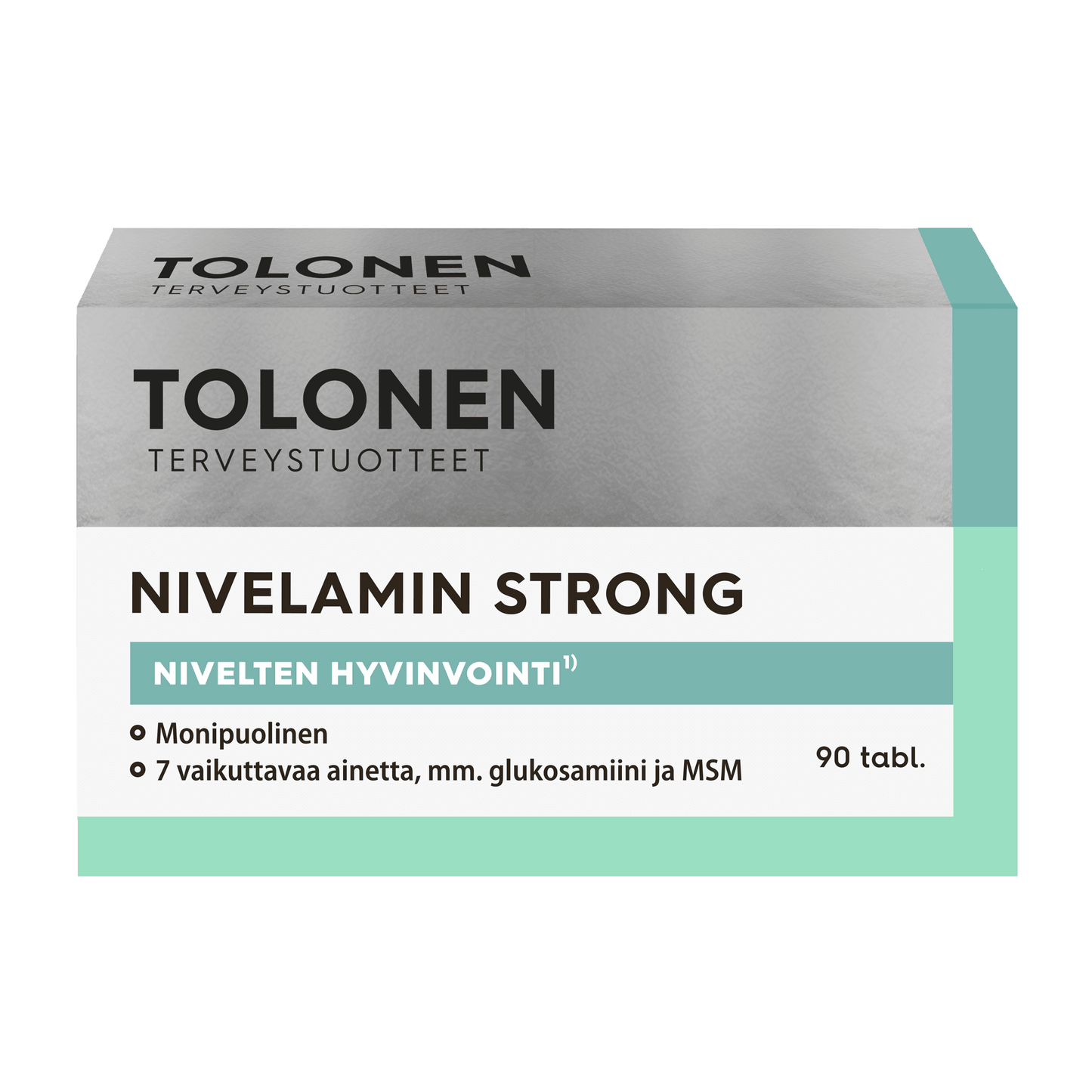 Tolonen Nivelamin Strong -pakkaus, nivelten hyvinvointia tukeva ravintolisä, sisältää 90 tablettia; teksti suomeksi, korostettuina keskeiset ainesosat kuten glukosamiini ja MSM; laatikko suorakulmainen turkoosin, valkoisen ja harmaan värinen mattapinnalla; tekstausvapaata typografiaa etiketissä; ei ihmisiä tai käsiä näkyvissä; tausta yksinkertainen, tavanomainen tuotekuva.