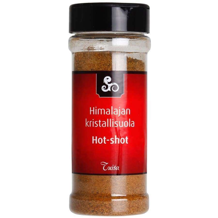 Tuisa Himalajan kristallisuola Hot-shot -purkki, kirkas muovi, musta kansi, punaruskeaa suolarouhetta; punainen etiketti, valkoinen-keltainen groteskiteksti