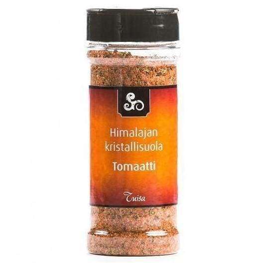Tuisa Himalajan kristallisuola Tomaatti -purkki, kirkas sylinterinmuotoinen, musta mattakierrekorkki, vaaleanpunaista suolarouhetta; teksti "Himalajan kristallisuola Tomaatti" groteskitekstillä, oranssinpunainen tausta