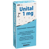 Vitabalans Unital 1 mg -melatoniinipakkaus, sininen-valkoinen rasia, 20 tablettia, teksti suomeksi ja ruotsiksi