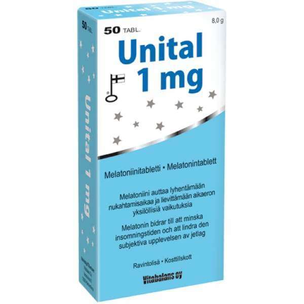 Vitabalans Unital 1 mg -melatoniinipakkaus, sininen rasia nuotti- ja tähtikuvituksella, 50 tablettia