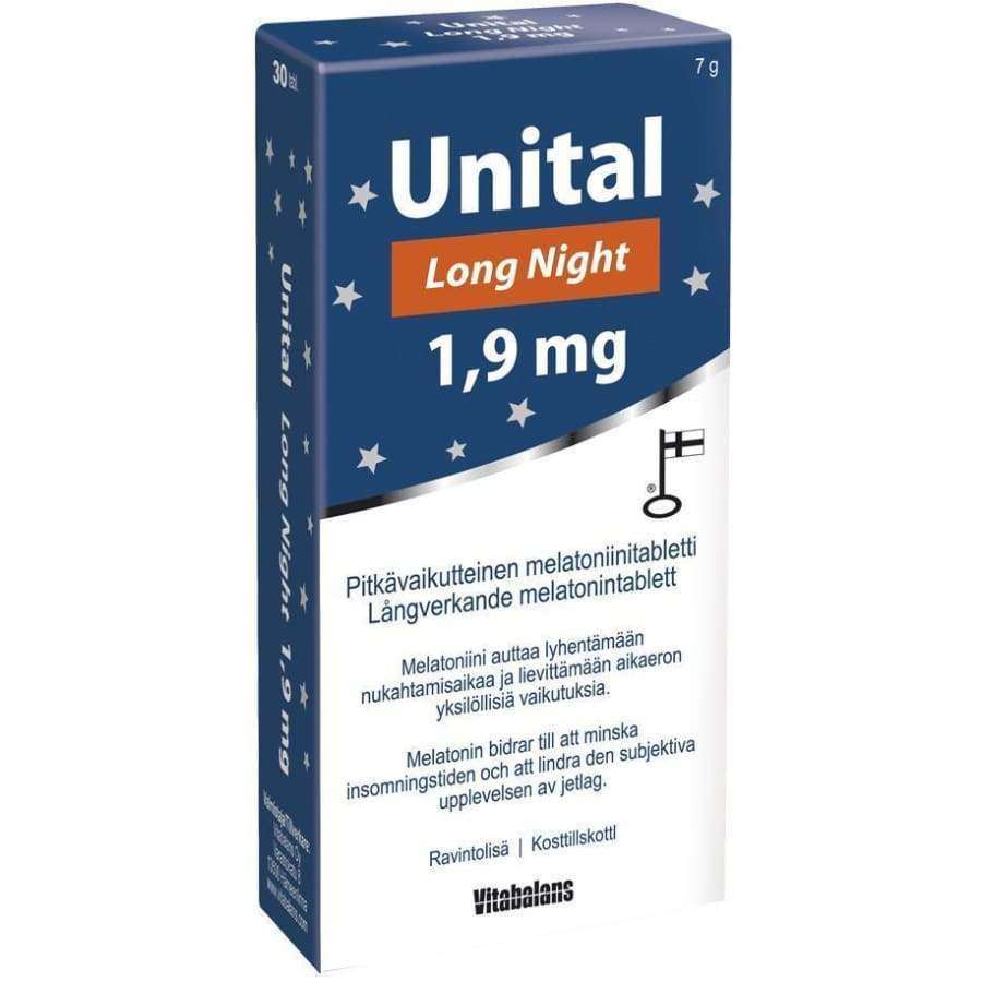 Unital Long Night 1,9 mg -tablettipakkaus; suorakulmainen, mattapintainen pahvirasia sinisen ja valkoisen sävyissä, kuvituksena tähtiä; suomen- ja ruotsinkielinen teksti unen tueksi; valkoista ja keltaista tekstausvapaata tekstiä sinisillä osioilla; kuvattu yksiväristä taustaa vasten suoraan edestä, ei ihmisiä tai käsiä näkyvissä.