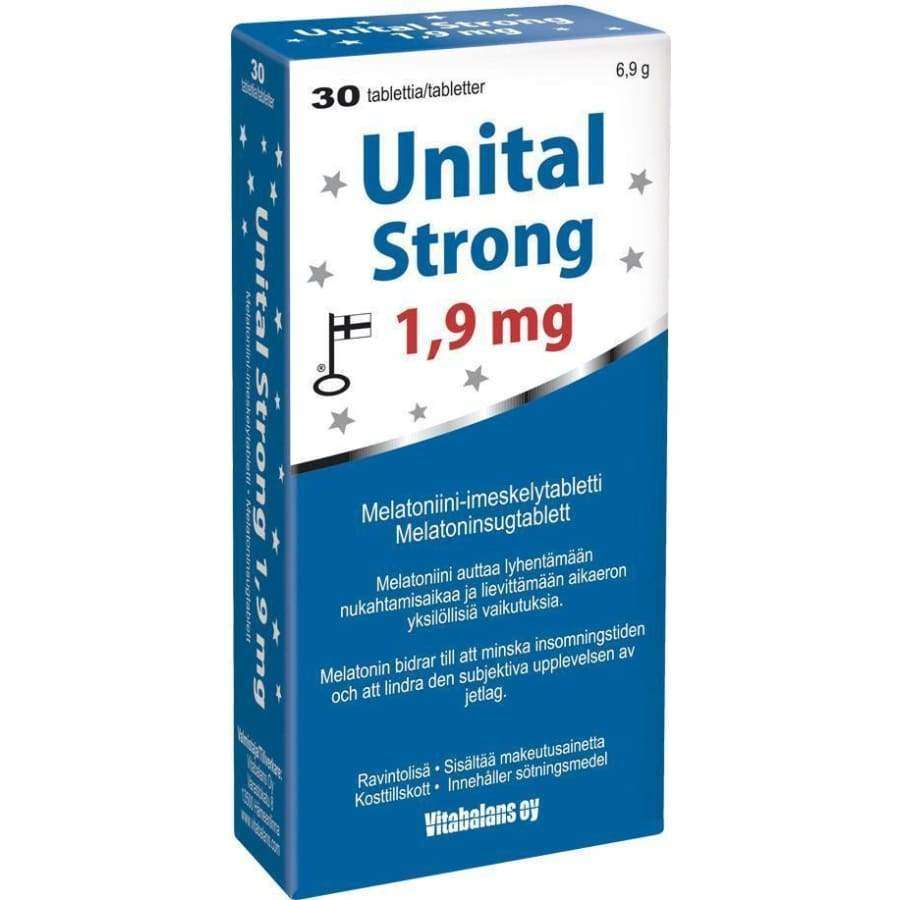 Unital Strong 1,9 mg -melatoniinipakkaus; sininen-valkoinen suorakaiteen muotoinen mattapintainen rasia, groteskiteksti suomeksi käyttöohjeineen ja ainesosineen