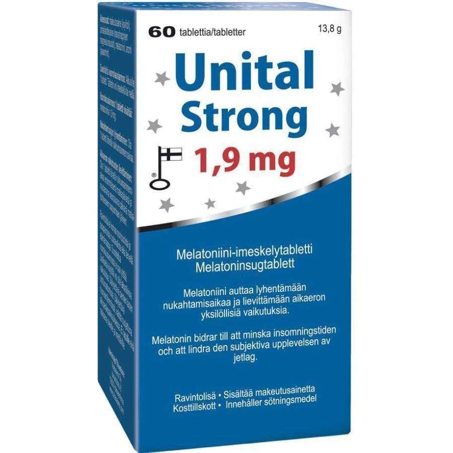 Unital Strong 1,9 mg -melatoniinipakkaus, 60 tablettia; sininen-valkoinen mattapintainen pahvirasia, lihavoitu groteskiteksti suomeksi ja ruotsiksi, kuunsirppi- ja tähtikuvake etupaneelissa