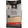 Urtekram Luomu Ruokosokeri -pussi, 500 g, Fairtrade- ja KRAV-merkit; suorakulmainen mattapintainen pakkaus, harmaa-punainen väritys, musta-valkoinen groteskiteksti useilla kielillä