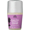 Urtekram Tune In Soothing Lavender Deodorantti; 50 ml roll-on-deodoranttipullo puolikiiltävällä valkoisella muovipinnalla; etiketti violetti, kuvituksena laventelinoksa; pääosa tekstistä valkoista groteskifonttia, brändi- ja tuotenimi korostettuna; etiketissä väittämät vegaanisuudesta, luomusta ja "100% natural origin"; ei ihmisiä tai käsiä; tausta vaalea ja neutraali.