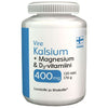 Vire Kalsium + Magnesium & D-vitamiini; valkoinen ja sininen pullo tekstillä "Vire Kalsium + Magnesium & D3-vitamiini", 120 tablettia, 400 mg per tabletti; muovipullo leveällä valkoisella korkilla, mattapinta; lihavoitua groteskitekstiä sinisenä ja kultaisena, suomenkielinen teksti, pieni Suomen lipun symboli; korostaa magnesiumia ja D3-vitamiinia; neutraali tausta, ei ihmisiä tai käsiä.