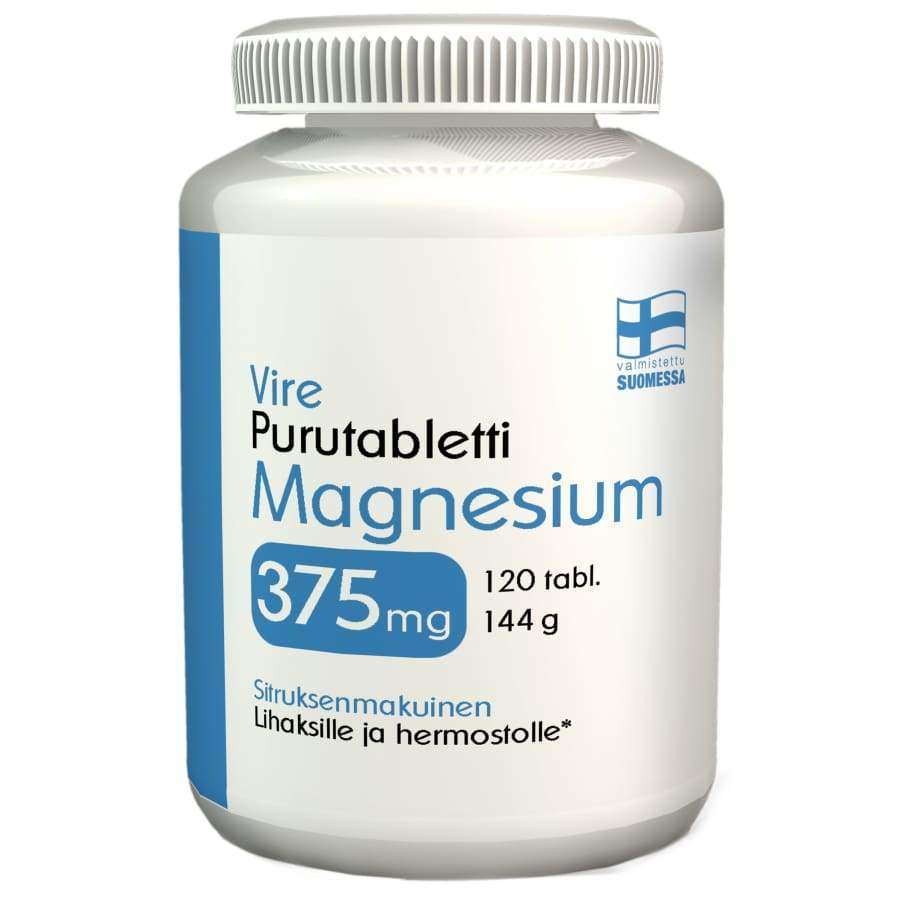 Vire Magnesium 375 mg Purutabletti Sitrus; valkoinen muovipullo, sisältää 375 mg magnesiumia purutabletteina, 120 tablettia; pullo kiiltäväpintainen, sininen etiketti selkeällä ja modernilla suomenkielisellä groteskifontilla; pieni Suomen lipun symboli etiketin oikeassa yläkulmassa; tuote yksin vaalealla taustalla.