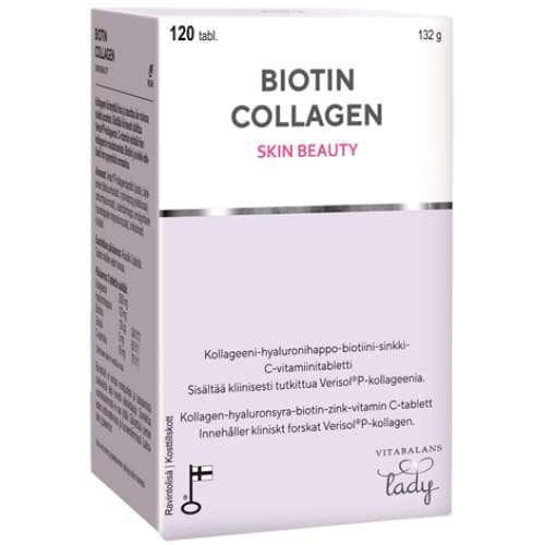 Biotin Collagen Skin Beauty -pakkaus, 120 tablettia; suorakulmainen, mattapintainen rasia vaaleanpunaisen ja valkoisen sävyissä; suomenkielinen teksti mustalla ja pinkillä tekstausvapaalla kirjasimella; etupuolella ainesosina biotiini ja kollageeni, käyttöohjeet sekä Vitabalans Lady -logo alaosassa; kuvattu yksiväristä taustaa vasten suoraan edestä, ei ihmisiä tai käsiä näkyvissä.