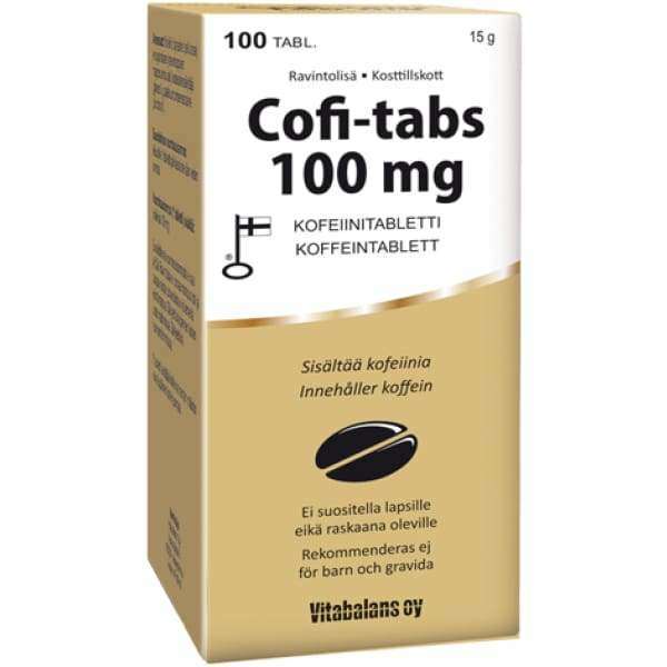 Cofi-tabs 100 mg -pakkaus (Vitabalans), teksti suomeksi ja ruotsiksi, 100 kofeiinitablettia; suorakulmainen kulta-valkoinen mattapintainen rasia, varoitusteksti lapsille ja raskaana oleville