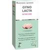 Gyno Lacto Intim Care -emätintabletit; suomen- ja ruotsinkielistä tekstiä, vaaleanpunainen lootuskukkakuvitus sekä rauhoittava vihreä-valkoinen värimaailma; suorakulmainen, mattapintainen pahvipakkaus; tuotenimi lihavoidulla groteskityypillä yläreunassa; tuote kuvattu vaalealla studiotaustalla.