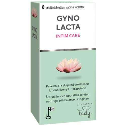 Gyno Lacto Intim Care -emätintabletit; suomen- ja ruotsinkielistä tekstiä, vaaleanpunainen lootuskukkakuvitus sekä rauhoittava vihreä-valkoinen värimaailma; suorakulmainen, mattapintainen pahvipakkaus; tuotenimi lihavoidulla groteskityypillä yläreunassa; tuote kuvattu vaalealla studiotaustalla.