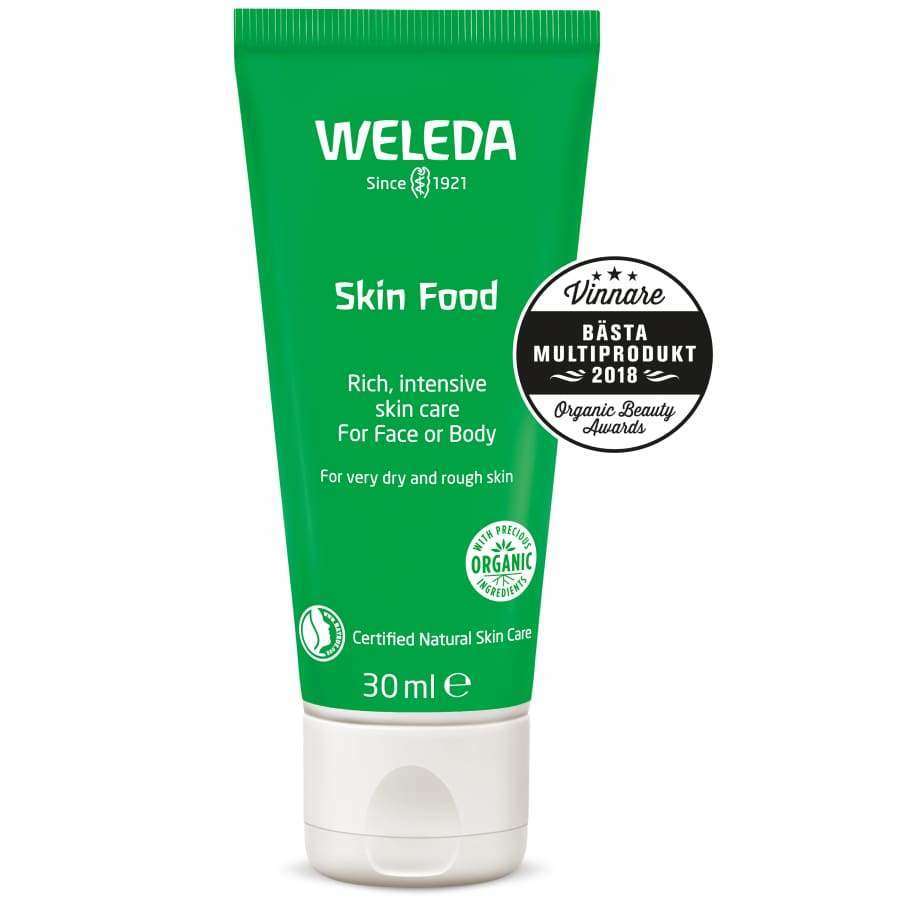 Weleda Skin Food -voide, vihreä 30 ml tuubi valkoisella korkilla; etiketissä kuvaus erittäin kuivalle ja karkealle iholle sekä Bästa Multiprodukt 2018 -mitalimerkki