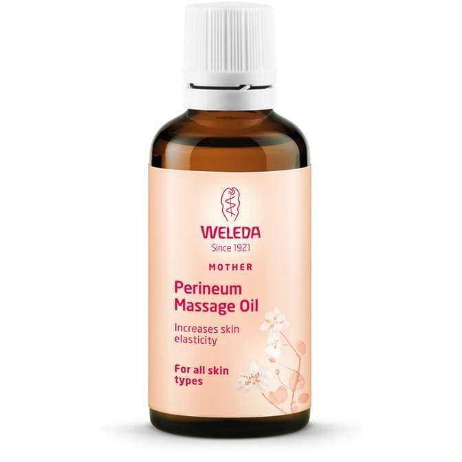 Weleda Mother Perineum Massage Oil -pullo, ruskea lasi, teksti ihon joustavuudesta, sopii kaikille ihotyypeille; pieni kukkakuvitus, valkoinen-pinkki liukuväritausta, valkoinen muovikorkki, kiiltäväpintainen