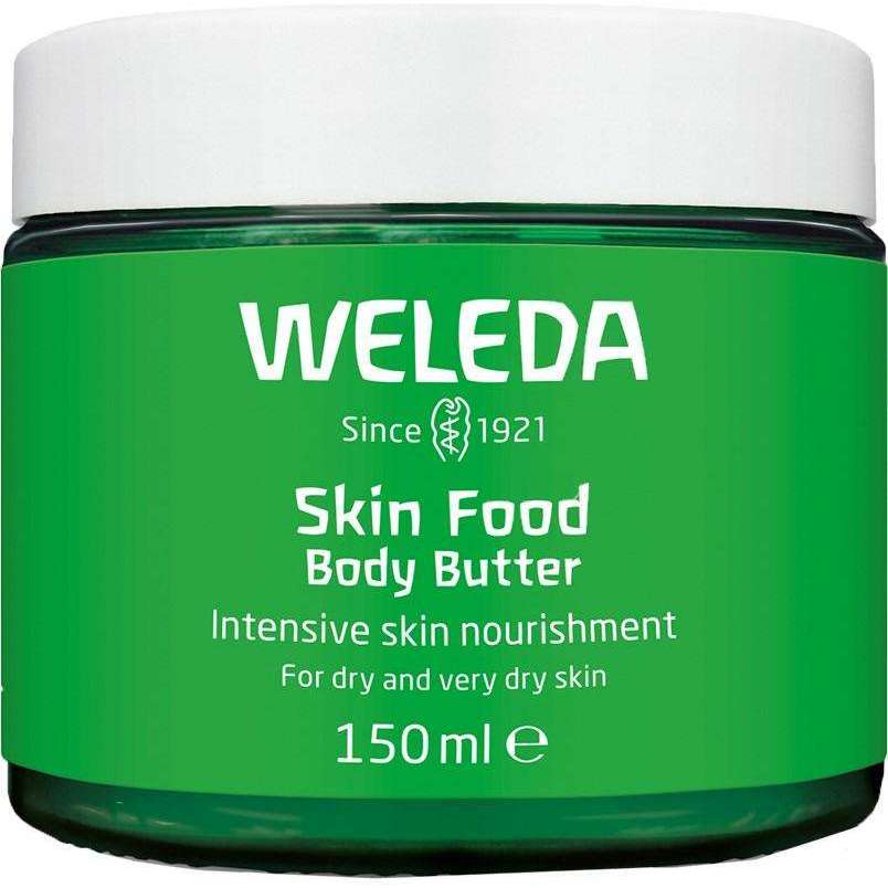 Weleda Skin Food Body Buttter, 150 ml; vihreä purkki kuivalle ja erittäin kuivalle iholle, rikastettu luonnollisilla kasviuutteilla; purkki mattapintaista muovia valkoisella kierrekannella, kompakti pyöreä muoto; etiketissä valkoinen groteskikirjasin; kuvattu edestäpäin studiokuvana valkoisella taustalla ilman ihmisiä tai käsiä.
