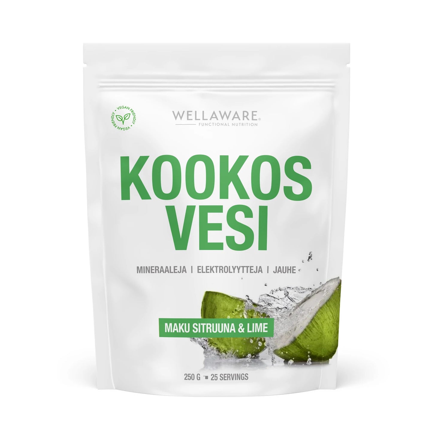 WellAware Kookosvesijauhe Sitruuna&Lime; valkoinen Wellaware-kookosvesijauhepussi vihrein tekstein, roiskuvaa vettä ja kookoskuvia; pakkaus korostaa sitruunan ja limen makua, elektrolyyttejä, nesteytystä ja 250 g painoa; suorakulmainen mattapussi suljetulla yläosalla; tuotenimi lihavoidulla groteskikirjasimella, kirkkaanvihreät tehosteet erottuvat valkoisesta pohjasta; selkeät hedelmäkuvitukset; kuvattu pelkistetyllä valkoisella taustalla, ei ihmisiä tai käsiä kuvassa.