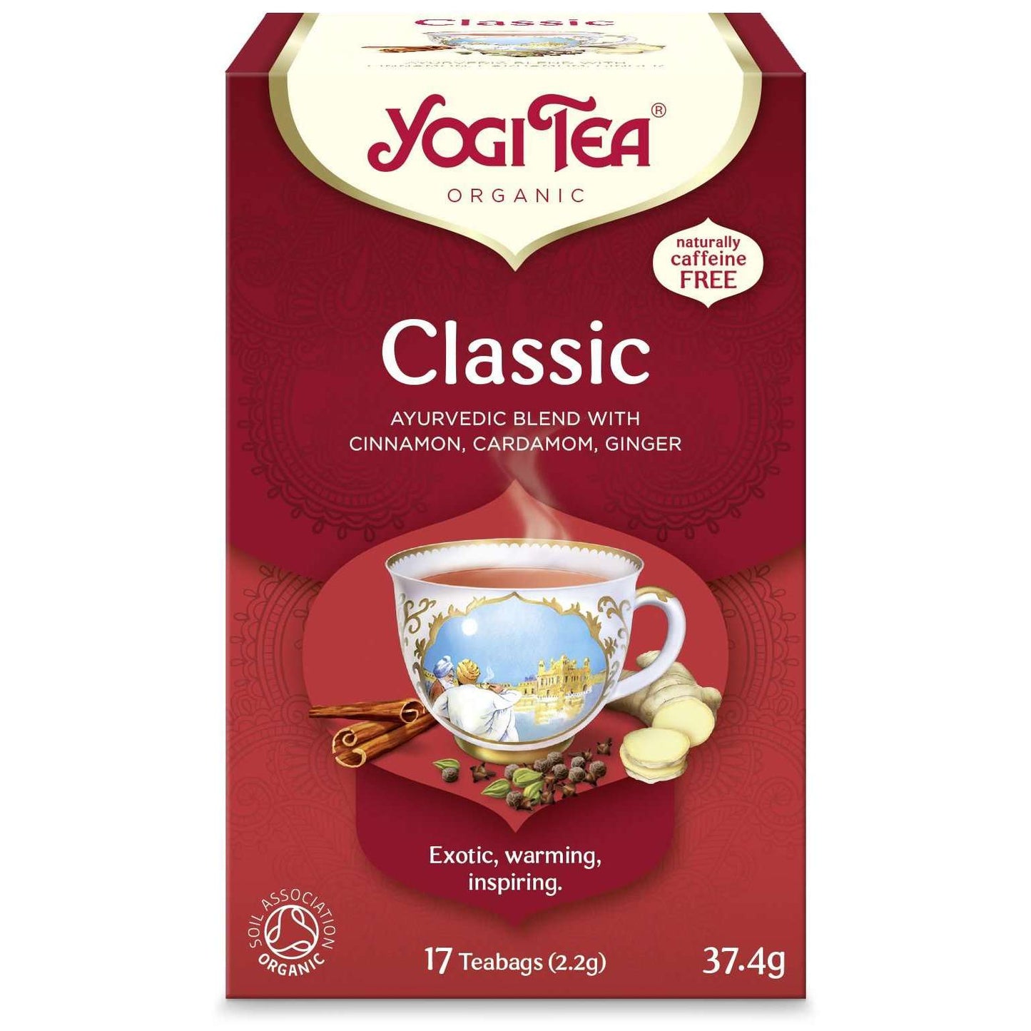 YogiTea Luomu Classic -pakkaus, punainen, teekuppi kanelitankojen, inkiväärin ja kardemumman kanssa; ayurvedinen sekoitus, luontaisesti kofeiiniton, sertifioitu luomu, 17 teepussia (37,4 g)