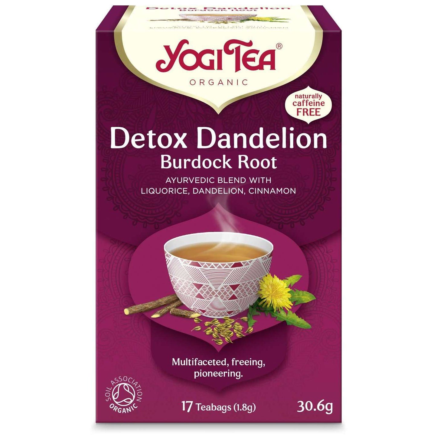 YogiTea Luomu Detox Dandelion Burdock Root -pakkaus, violetti, valkoinen höyryävä teekuppi ja kanelitankoja kuvituksessa; teksti valkoisena ja kultaisena, kofeiiniton, luomu, 17 teepussia
