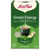 YogiTea Luomu Green Energy -pakkaus, vihreä teekuppi, kirjopajunkukkia ja inkiväärinviipaleita kuvituksessa; vihreä-keltainen mattapintainen pahvirasia, 17 teepussia, 30,6 g