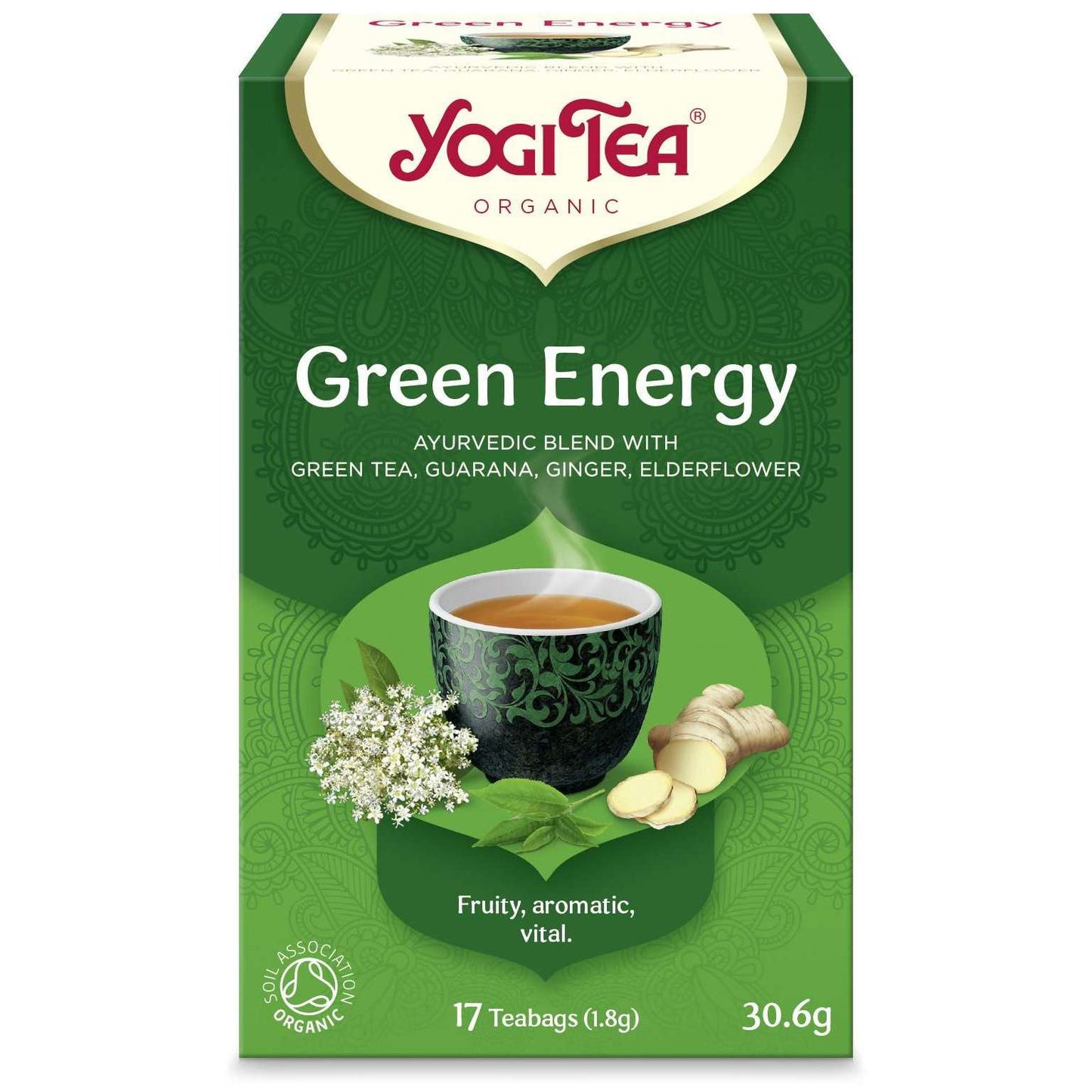 YogiTea Luomu Green Energy -pakkaus, vihreä teekuppi, kirjopajunkukkia ja inkiväärinviipaleita kuvituksessa; vihreä-keltainen mattapintainen pahvirasia, 17 teepussia, 30,6 g