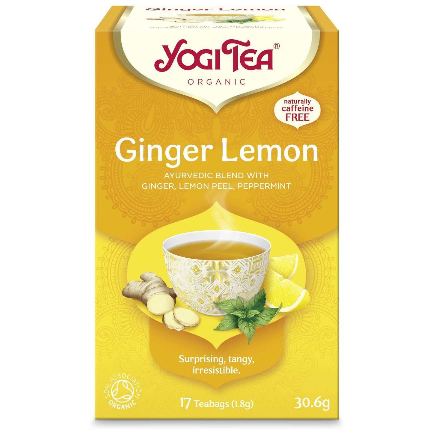 YogiTea Luomu Inkivääri-Sitruunatee -pakkaus, keltainen, teekuppi inkiväärin, sitruunan ja mintun kanssa; mattapintainen pahvirasia, teksti valkoisena ja ruskeana, 17 teepussia, luontaisesti kofeiiniton