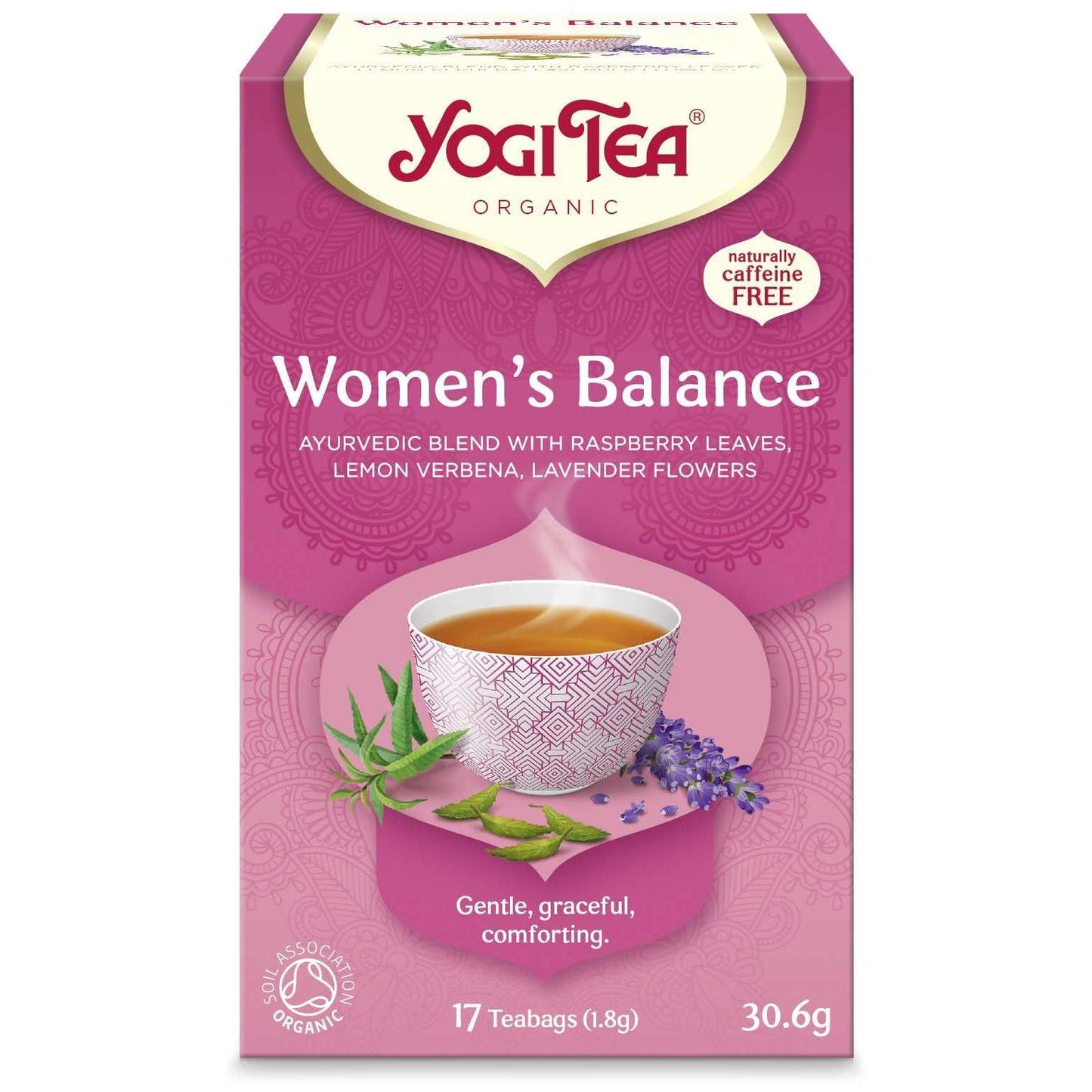 YogiTea Luomu Womens Balance -pakkaus, pinkki, kuvioitu teekuppi yrttien ja kukkien kanssa; mattapintainen rasia, serif- ja groteskitekstiä valkoisena ja tummanpinkkinä, luomu, kofeiiniton ayurvedinen sekoitus, 17 teepussia, 30,6 g